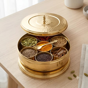 Traditional Brass Masala <b>Box</b> with Lid Round Indian Spice Storage Organizer Container with Spoon for Kitchen Dining - Product Image 1
