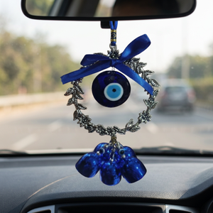 Best Selling Blue Glass Nazar Amulet with Silver Floral Wreath Decorative Bells and Satin <b>Bow</b> for Home Entrance <b>Door</b> Wall Window - Product Image 3