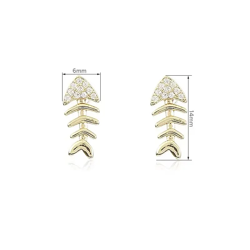 Fashionable Elegant Gold Plated Brass Earrings Cute Design Korean Natural Diamond Studs Unique Fishbone Earrings