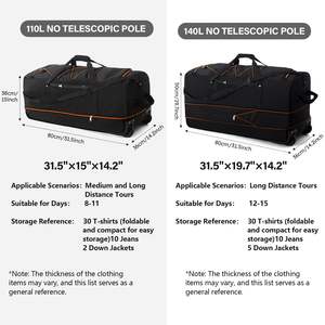 32 "नरम-पक्षीय फोल्डेबल व्हील्ड ट्रैवल डफ़ल बैग को 2 पहियों और कई जेबों के साथ 110l से 140l रोलिंग कार्गो बैग - Product Image 4