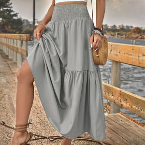 Solid Color Breathable Natural Casual <b>Crocheted</b> Summer Women's A-Line <b>Long</b> Splicing <b>Skirt</b> - Product Image 3