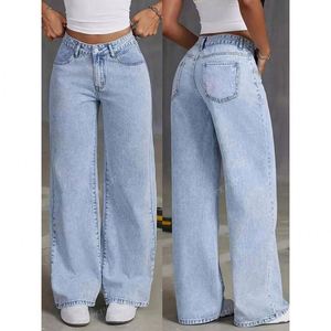 Jean en denim taille haute à jambe large Maxfree avec nœud rose décoratif, délavage clair, style doux, longueur complète, pantalon pour femme - Product Image 2