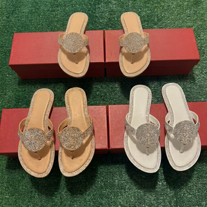 Women Sparkling Rhinestone Crystal Flat Slide Sandals Open Toe 1cm Low Heel Bohemian Bling Beachwear Party Dress Shoes - Product Image 1
