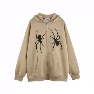 Vente en gros Sweat à capuche masqué avec fermeture éclair pour hommes mode ambiance sombre high street spider web mousse cardigan à capuche imprimé