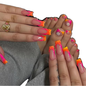 Faux ongles à presser assortis pour les mains et les orteils, forme cercueil, motifs flamme orange néon et <span class=keywords><strong>rose</strong></span>, fleur blanche, pour manucure et pédicure estivale, lot en gros - Product Image 1