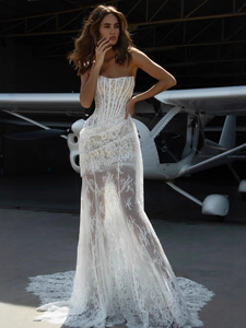 Gaun Panjang Putih Baru Seksi Berbahan Lace Transparan dengan <span class=keywords><strong>Patchwork</strong></span> dan Jaring Tulang Ikan, Gaun Malam Elegan - Product Image 3