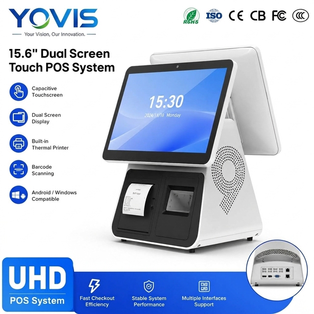 15.6-inch Dual-Screen Touch POS Terminal Android OS 64GB/128GB/256GB Storage Floor/Wall Mountable Retail Checkout System