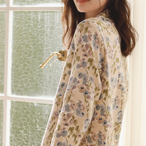 Autunno coreano abbigliamento per la casa con fiori di frutta verde stampato in <span class=keywords><strong>cotone</strong></span> traspirante Cardigan elastico in vita con risvolto laterale tessuto <span class=keywords><strong>pigiama</strong></span> - Product Image 4