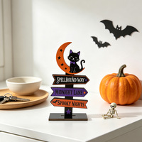 Décoration de table en bois pour Halloween : Panneau directionnel fantôme, citrouille et chat noir pour cheminée, étagère et table de fête