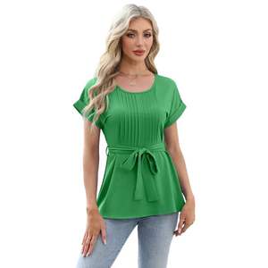 Camiseta de Manga Corta con Cuello Redondo y Volantes en la Cintura, Color Sólido, para Mujer, Estilo Europeo Americano, Venta al Por Mayor - Product Image 3