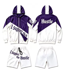 Conjunto de chándal transpirable de verano estilo chicano para hombre, con sudadera con capucha y cremallera, cortavientos y pantalones cortos a juego, con estampado gótico de letras. - Product Image 4