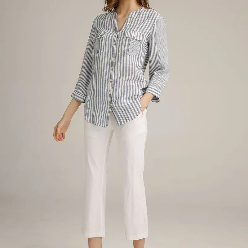 Blusa informal de lino 55% con manga larga para verano, camisa con escote triangular para mujer, a la moda, 45%