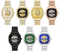 Montre mécanique en or rose pour hommes, automatique, squelette, boîtier coussin, cadran noir, bracelet en métal, chiffres romains lumineux