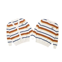 Cardigan tricoté pour garçons, rayures ivoire, col en V, boutonné, en coton respirant, anti-plis, broderie, style preppy, collection automne