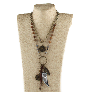 Set di Due Collane Vintage Personalizzate per Donna, Catena <span class=keywords><strong>Rosario</strong></span> in Bronzo con Gemme, Pendente a Forma di Lupo, Foglia e <span class=keywords><strong>Albero</strong></span> con Drusa - Product Image 1