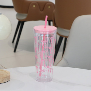 Tazza di paglia a doppio strato in plastica con papillon a colori con stampa trasparente tazza da caffè Casual per auto bicchiere dritto con coperchio in paglia - Product Image 5