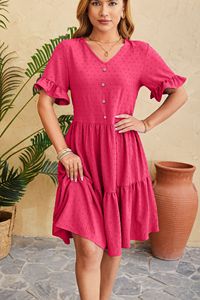 Nuevo Vestido Midi Casual de Verano para Mujer, con Cuello en V, Cintura Natural, Transpirable, Jacquard, Manga Media, Plisado, para Uso Diario - Product Image 4