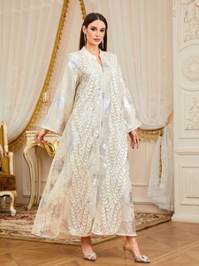 New Muslim Women <b>Abaya</b> <b>Dresses</b> Dubai Style Flare Sleeve Elegant Polyester A-Line Floor-Length Lightweight Satin Fabric Natural - Product Image 5