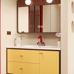Mueble de <span class=keywords><strong>Baño</strong></span> Moderno Minimalista, Diseño Inspirado en el Estilo <span class=keywords><strong>Bauhaus</strong></span>, Espejo de Pared Incluido, Lavabo de Cerámica de una Pieza - Product Image 2