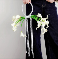Bouquet de mariée de haute qualité, fleurs artificielles, calla, chaîne de perles, bouquet de mariage, arrangement floral à tenir à la main, décoration