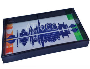 Nouveau plateau de fête rond imprimé multicolore dernier et moderne plateau de service élégant attrayant meilleure vente plateau en bois laqué - Product Image 2