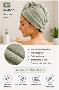 Toalla Turbante para Secar el Cabello al por Mayor, de Microfibra de Bambú y Algodón Orgánico, de Secado Rápido, con Botón - Product Image 3