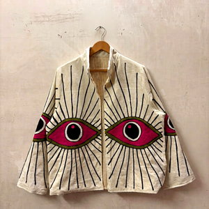 <b>Women</b> Ivory <b>Velvet</b> Embroidered Suzani <b>Jacket</b> with Evil Eye Pattern Full Sleeve Stand Collar Handmade Boho Winter Coat - Product Image 1