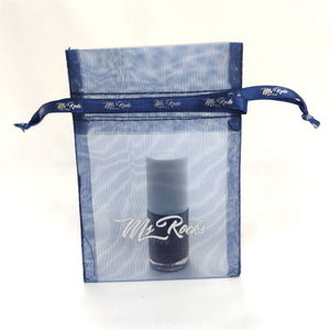 Custom Navy Blue Organza Gift Cosmetic Packaging Drawstring Bags with Logo on Bag and <b>Strings</b> Fuchen Brand Model OP - Product Image 5