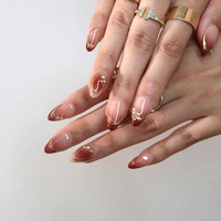 Ongles à presser en acrylique doré dégradé rouge, avec décorations 3D en métal, perles et feuille d'or, forme amande, longueur courte, nouveaux ongles chinois