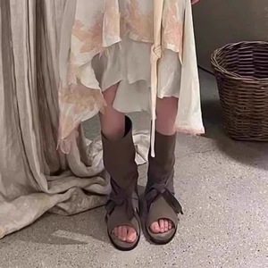 Bottes d'été légères mi-mollet pour femme, en cuir véritable, style rétro, à lacets, bout ouvert, collection 2026 - Product Image 1