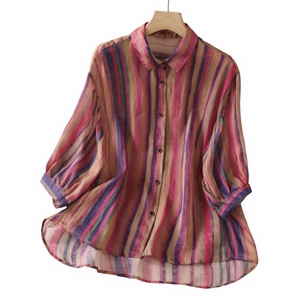 Women's Elegant Striped <b>Linen</b> Blouse <b>Shirt</b> Turn-down Collar Full Sleeve Loose Fit Spring <b>Summer</b> Outwear Translucent Sheer Button - Product Image 4