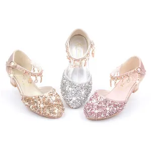 Chaussures de princesse en cuir pour filles, fleur décontractée, paillettes pour enfants, chaussures à talons hauts pour filles, paillettes dorées, roses et argentées