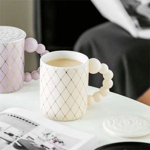 Nordic Camellia Pearl Handle Mug Lid Spoon 400ml Capacity Dishwasher Microwave Safe Customized Color Cartoon Pattern Ceramic - Product Image 2