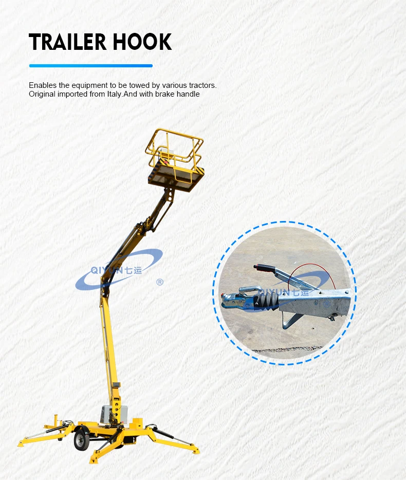 Qiyun CE ISO approved trailer-mounted boom lift 8-20m truck towable boom lift rotation basket for high altitude work