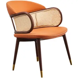 Hot sale modern living room solid wood leather rattan woven dining restaurant chair furniture