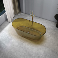 Baignoire ovale moderne en verre transparent portable, autoportante, avec drain, avec divers accessoires en résine colorée et en cristal