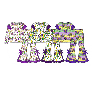 Pre-ordenar Conjunto de Ropa para Niñas Pequeñas de Mardi Gras: Camisa de Manga Larga, Pantalones Acampanados, Lazos, Volantes, Estampado, Conjuntos a Juego para Hermanas, Ropa de Moda Infantil - Product Image 1