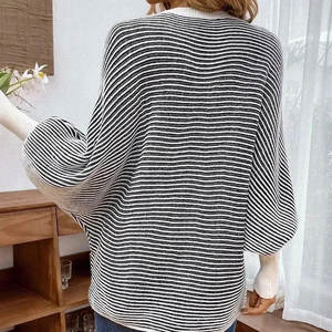 Suéter de Punto Holgado con Cuello en V, Manga Murciélago y Diseño de Parches a Rayas para Mujer, Nueva Colección Otoño/Invierno - Product Image 6