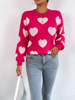 LVLAEA Ladies' Heart Printed Casual Knitwear Long Sleeve Crew-neck Pullover Top for Spring Valentine's Day Holiday Loose Front