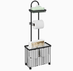 Porte-rouleau de papier toilette moderne en fer noir avec étagères de rangement pour magazines et support pour tablette, idéal pour les hôtels - Product Image 5