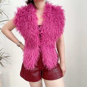 Femmes hiver automne sans manches gilet grand dos nu suspendu cou nouvel an 2000 (Y2K) Style Sexy mongol fausse <span class=keywords><strong>fourrure</strong></span> de mouton court - Product Image 1