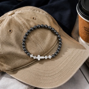 Bracciale da uomo Go2boho <span class=keywords><strong>con</strong></span> <span class=keywords><strong>perline</strong></span> <span class=keywords><strong>e</strong></span> croce, perle finte <span class=keywords><strong>e</strong></span> acciaio inossidabile placcato argento, gioiello regalo cristiano - Product Image 4