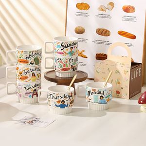 Tasse en céramique Cartoon Week avec couvercle et cuillère, grande capacité, pour café et eau, cadeau créatif, tasse de bureau pour étudiant - Product Image 1