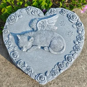 Scultura Commemorativa in Resina di Gatto Angelo Personalizzata, Gattino Dormiente Grigio <span class=keywords><strong>con</strong></span> Ali su Base a Cuore, Ricordo Artigianale per la Perdita di Animali Domestici - Product Image 6