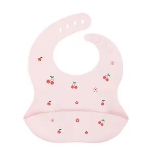 Low MOQ Food Grade Waterproof Cute Print Anti-spill Candy Colors Easy Clean Silicone Toddlers Baby Bibs Food Bib