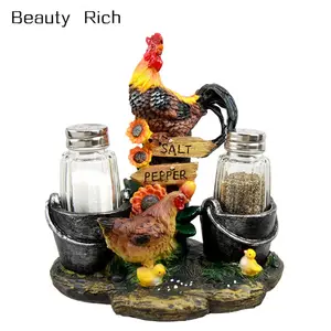 Country Farm Barnyard Rooster Statue Hen and Chicks Family by Pails and Sunflowers Salt and Pepper Shakers Holder Figurine 7" H