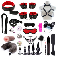 Bondage Sexy en peluche 26 pièces menottes costume en cuir Sexy jeux pour adultes collier pinces à mamelon fouet produits sexuels