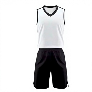 LONG MISSION INDUSTRY Ensemble uniforme de basketball pour homme, maillot blanc sans manches à col en V et short noir, respirant, 100 % polyester, pour adulte - Product Image 2