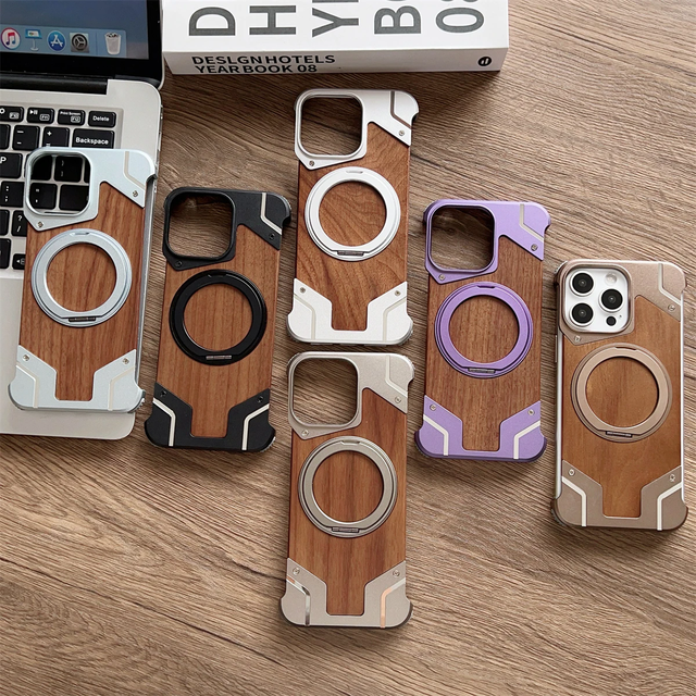 Luxury Magnetic Metal Wood Walnut Mixture Ring Stand Holder Phone Case for iPhone 16 15 Plus 14 Pro Max Wireless Charging Case