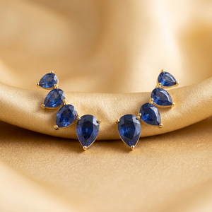 Pendientes de tuerca estilo escalador de zafiro azul natural en forma de pera graduada, de joyería fina para mujer, en oro amarillo de 14 quilates, para boda - Product Image 1